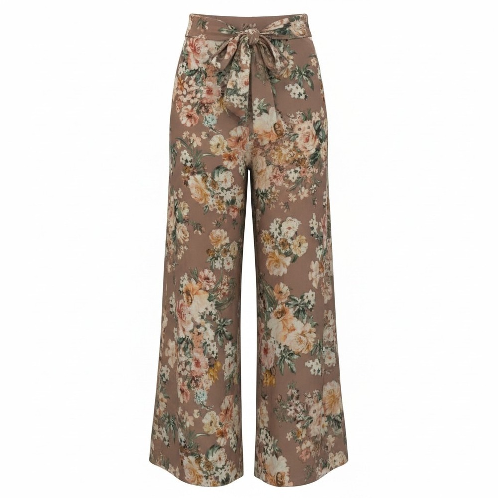 Windsor Floral Wide Leg Pants Mauve Brown High Waisted Boho Chiffon Small - Picture 2 of 9
